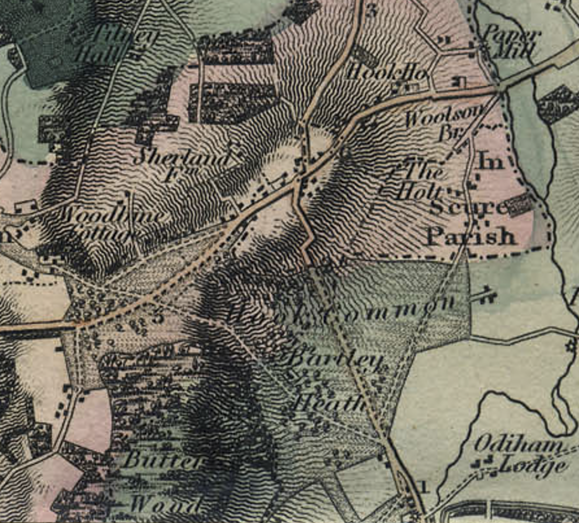 Greenwood's 1826 Map of Hampshire showing Bartley Heath name appearing for the first time alongside Hook Common